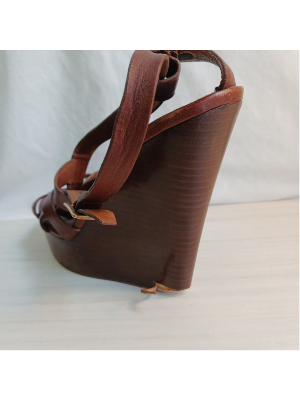 Burberry Delamer Brown Leather Strappy Wedge Heels Women's 8 Boho Fancy * Read* - Picture 6 of 12